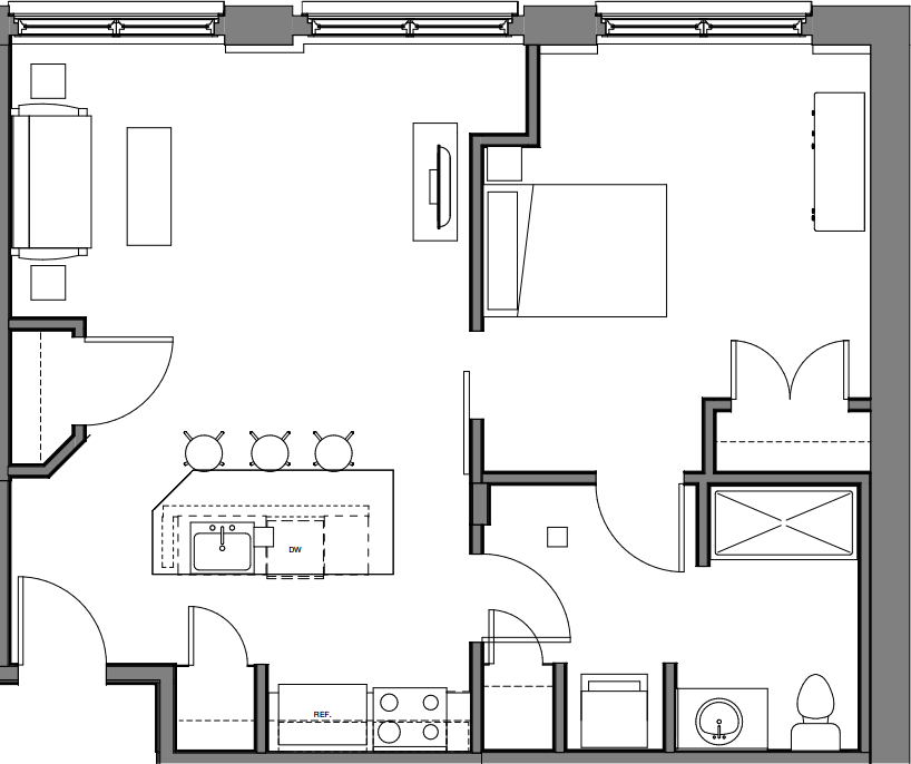 Floor plan for 1 bed, 1 bath, 776 sqft